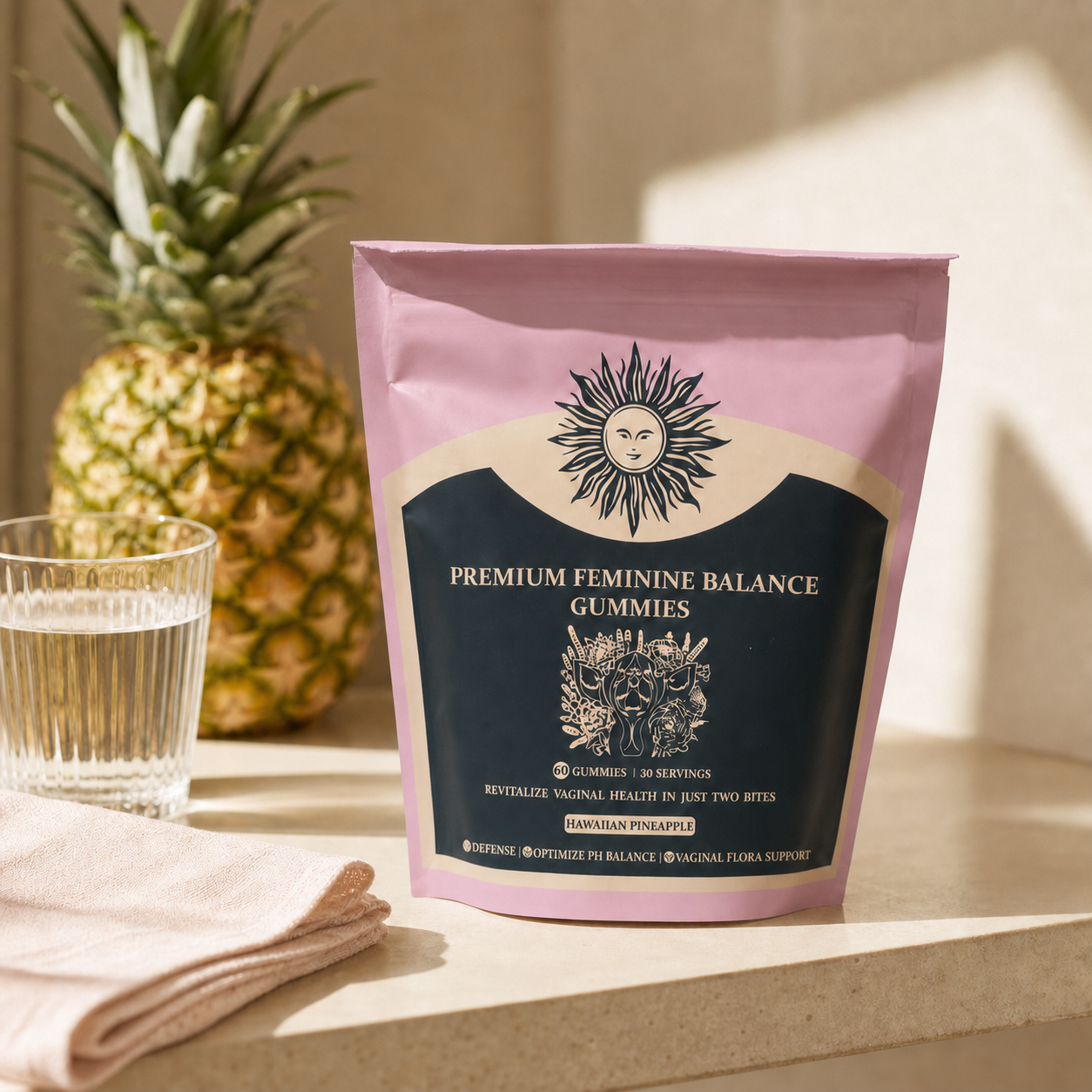 Feminine Balance Gummies pack in a pineapple morning routine setting